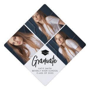 Modern Edgy Casual Script Graduate 3 Photo Graduation Cap Topper