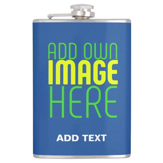 MODERN EDITABLE COBALT BLUE IMAGE TEXT TEMPLATE HIP FLASK (Front)