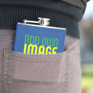 MODERN EDITABLE COBALT BLUE IMAGE TEXT TEMPLATE HIP FLASK