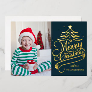 Modern Editable Color Merry Christmas Tree Photo Foil Holiday Card
