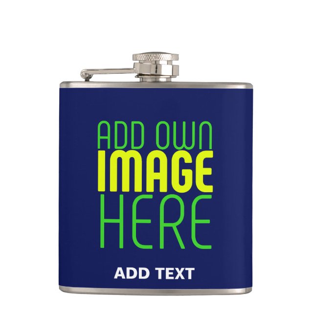 MODERN EDITABLE CUTE NAVY BLUE IMAGE TEXT TEMPLATE HIP FLASK (Front)