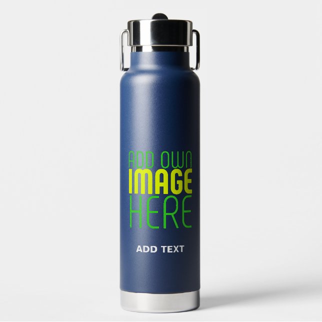 MODERN EDITABLE CUTE NAVY BLUE IMAGE TEXT TEMPLATE WATER BOTTLE (Front)