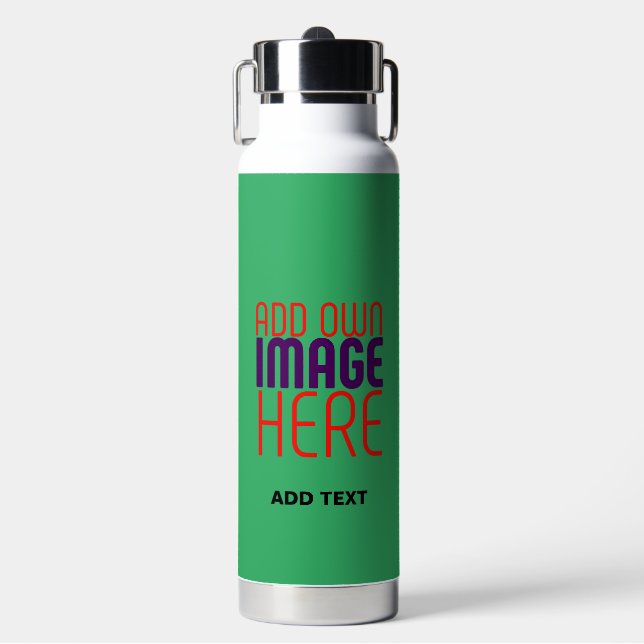 MODERN EDITABLE EMERALD GREEN IMAGE TEXT TEMPLATE WATER BOTTLE (Front)