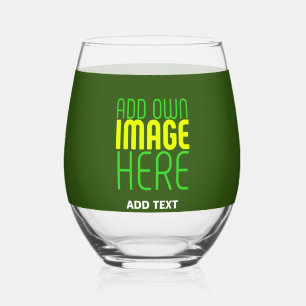 MODERN EDITABLE FOREST GREEN IMAGE TEXT TEMPLATE STEMLESS WINE GLASS