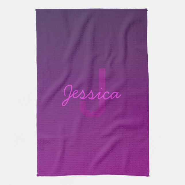 Modern Editable Monogrammed Text & Purple Ombre  Kitchen Towel (Vertical)
