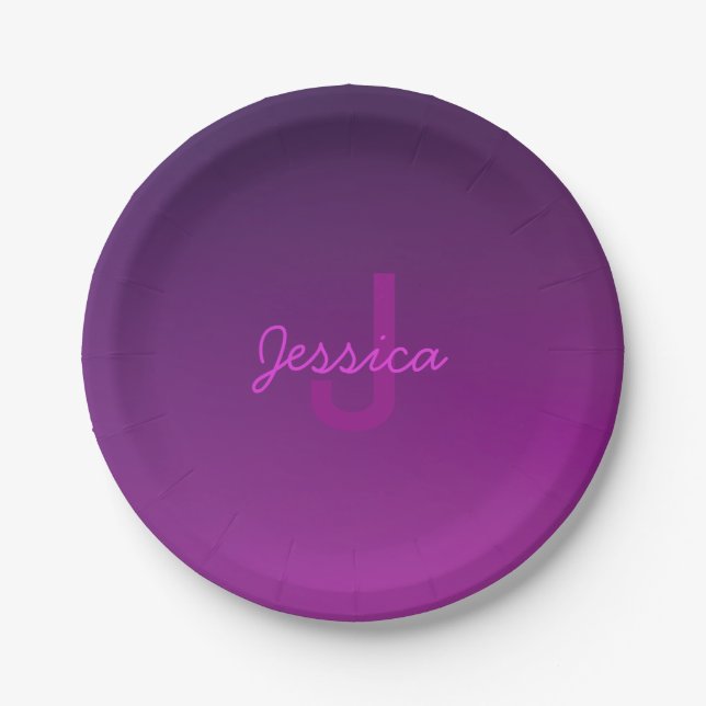 Modern Editable Monogrammed Text & Purple Ombre  Paper Plate (Front)