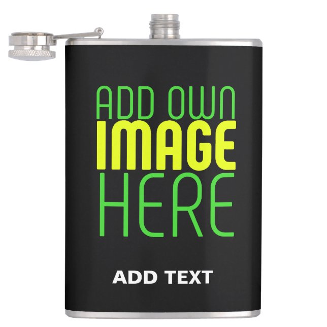 MODERN EDITABLE SIMPLE BLACK IMAGE TEXT TEMPLATE HIP FLASK (Opened)