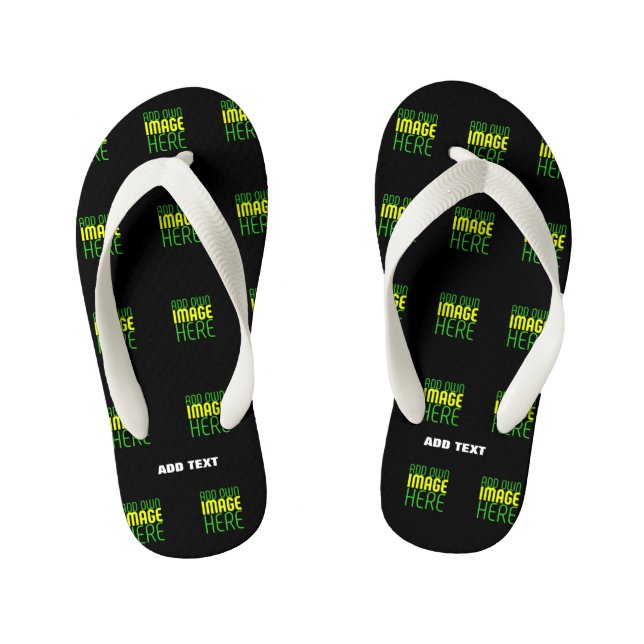 MODERN EDITABLE SIMPLE BLACK IMAGE TEXT TEMPLATE KID'S FLIP FLOPS (Footbed)