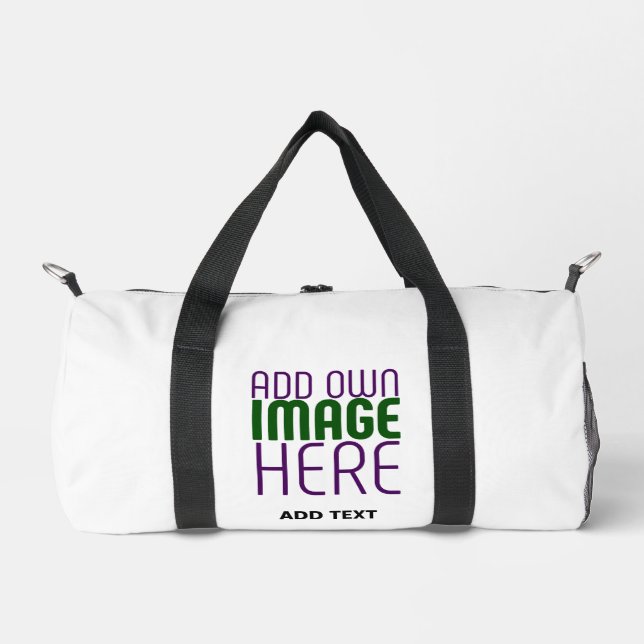 MODERN EDITABLE SIMPLE WHITE IMAGE TEXT TEMPLATE DUFFLE BAG (Front)