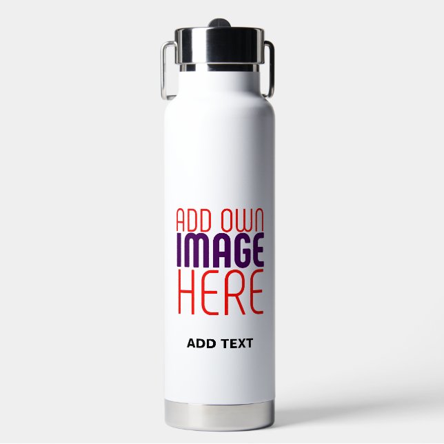 MODERN EDITABLE SIMPLE WHITE IMAGE TEXT TEMPLATE WATER BOTTLE (Front)