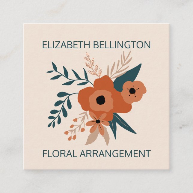 modern editable terracotta floral retro florist square business card (Front)