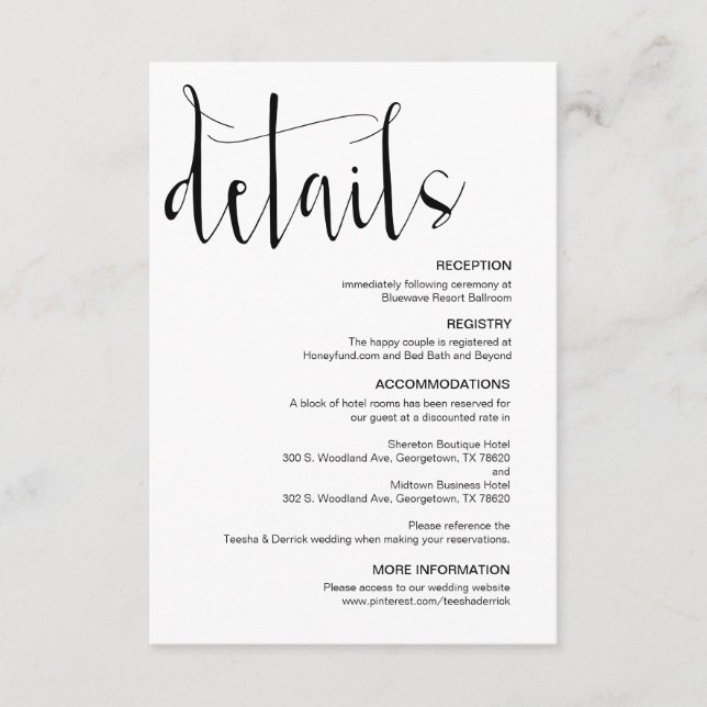 Modern Editable Wedding Details, Black Font, Enclosure Card (Front)
