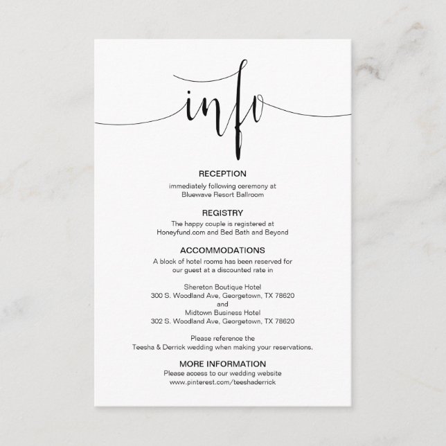 Modern Editable Wedding Details, Black Font, Enclosure Card (Front)