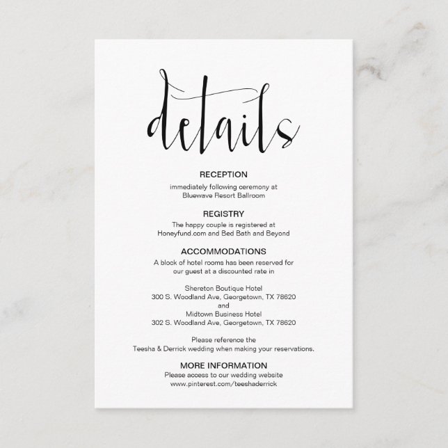 Modern Editable Wedding Details, Black Font, Enclosure Card (Front)
