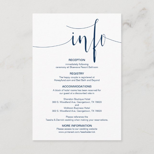 Modern Editable Wedding Details, Navy Blue Font, Enclosure Card (Front)