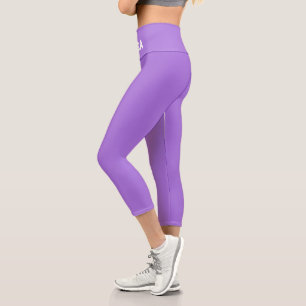 Modern Editable White Yoga Text on Violet Capri Leggings
