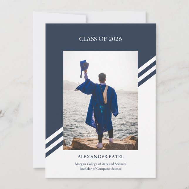 Modern editorial boy graduation announcement card (Front)