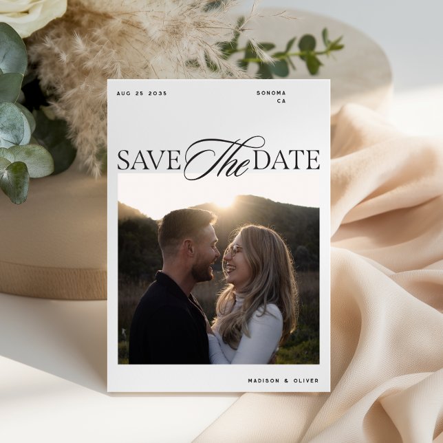 Modern Editorial Script Photo Double Sided Save The Date (Creator Uploaded)