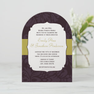 Modern Eggplant Chartreuse Damask Wedding Invitation