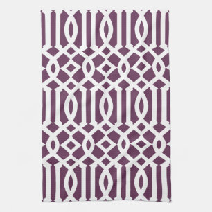 Modern Eggplant Purple and White Trellis Pattern Kitchen Towel