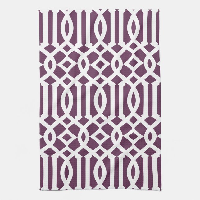 Modern Eggplant Purple and White Trellis Pattern Kitchen Towel (Vertical)