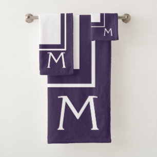 Modern Eggplant Purple Monogram Bath Towel Set