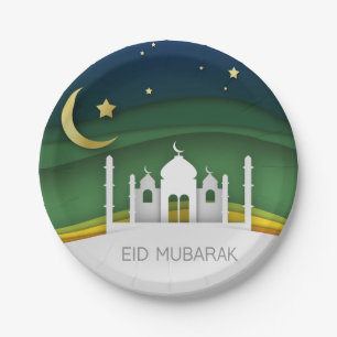 Modern Eid Mubarak Paper Cut Mosque - Paper Plate