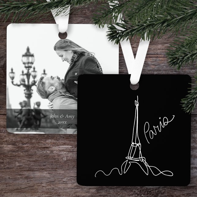 Modern Eiffel Tower Paris Doodle w/ Photo and Text Metal Ornament (Creator Uploaded)