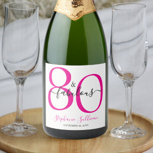 Modern Eight and Fabulous Pink 80th Birthday Party Sparkling Wine Label