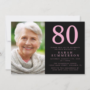 Modern Eighty Pink Black Photo 80th Birthday Invitation
