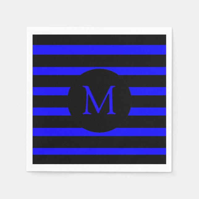 Modern Electric Blue and Black Stripes Monogram Napkin (Front)