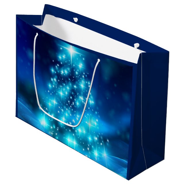 Modern Electric Blue Christmas Tree with Lights Large Gift Bag (Front Angled)