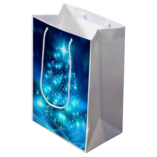 Modern Electric Blue Christmas Tree with Lights Medium Gift Bag (Front Angled)
