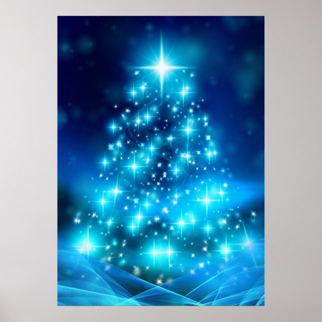 Modern Electric Blue Christmas Tree with Lights Poster (Front)