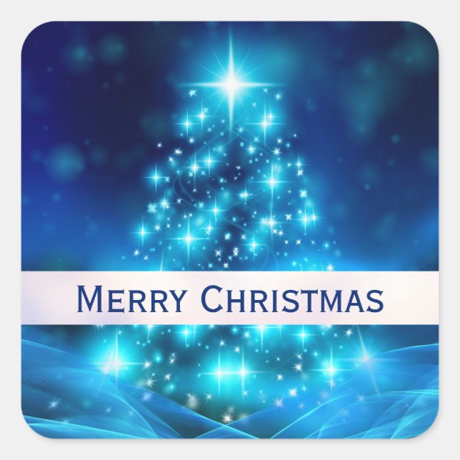 Modern Electric Blue Christmas Tree with Lights Square Sticker (Front)