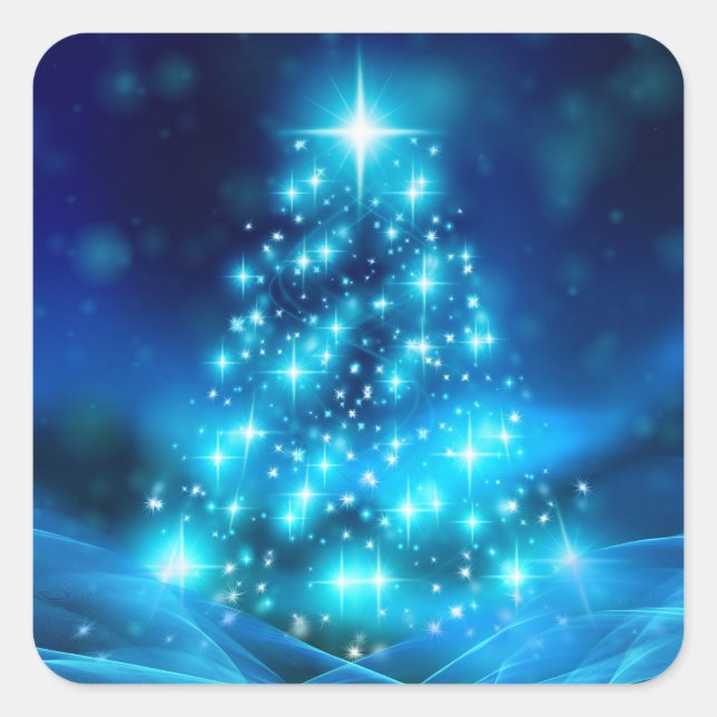 Modern Electric Blue Christmas Tree with Lights Square Sticker (Front)