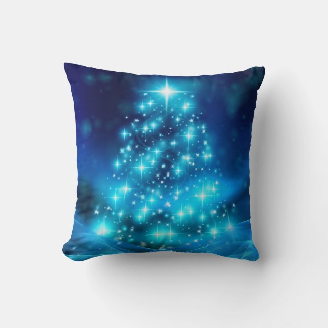 Modern Electric Blue Christmas Tree with Lights Throw Pillow (Front)