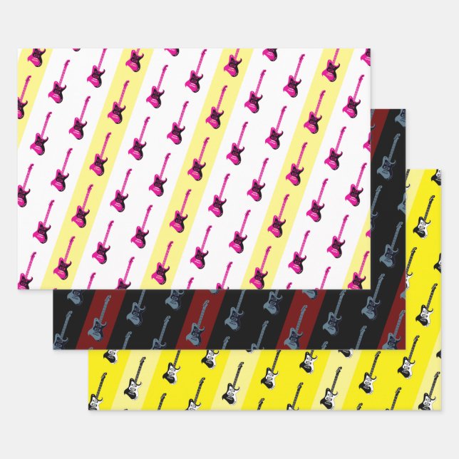 Modern Electric Guitar Black Yellow Pink Blue Cool Wrapping Paper Sheet (Set)