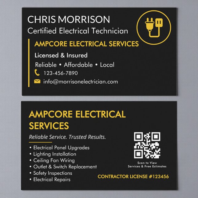 Modern Electrician Contractor QR Code Black Yellow Business Card (Creator Uploaded)