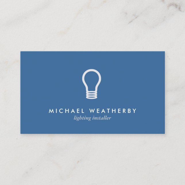 MODERN ELECTRICIAN LOGO LIGHTBULB on BLUE Business Card (Front)
