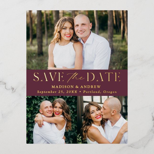 Modern Elegance 3 Photo Wedding Save the Date Foil Invitation Postcard (Front)