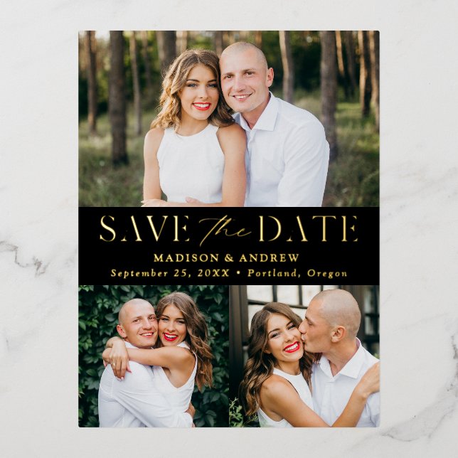 Modern Elegance 3 Photo Wedding Save the Date Foil Invitation Postcard (Front)