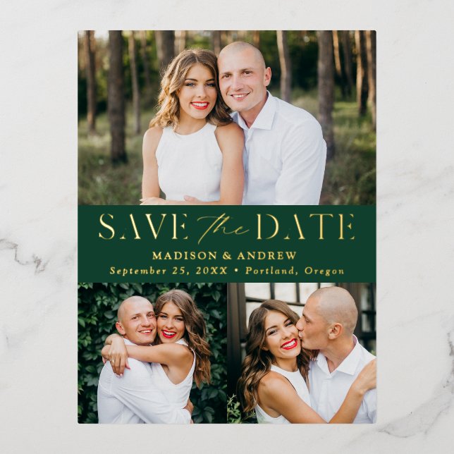Modern Elegance 3 Photo Wedding Save the Date Foil Invitation Postcard (Front)