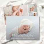 Modern Elegance Baby Boy Photo Birth Announcement<br><div class="desc">Elegantly sweet birth announcements feature your favourite newborn photo in full bleed, your baby girl's name and birth stats in white chic lettering. A photo collage and parent's names on the back. **TIP: You may want to size the 2 square photos on the back BEFORE uploading them for easy placement....</div>