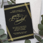 Modern Elegance Birthday Party Invitation<br><div class="desc">A beautifully elegant invitation with contemporary flair, this Birthday Party Invitation features golden angled lines framing your text over a black background. The "you're invited" text in lovely script flourishes is intentionally featured prominently to make your invited guests feel special. Edit the party details with your specifics. Shown here as...</div>