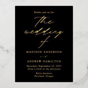 Modern Elegance Black and Gold Wedding Foil Invitation Postcard