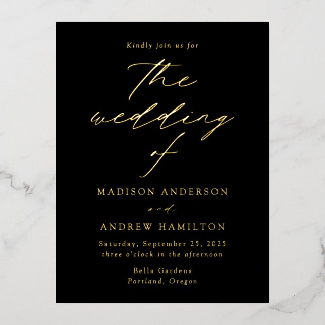 Modern Elegance Black and Gold Wedding Foil Invitation Postcard (Front)
