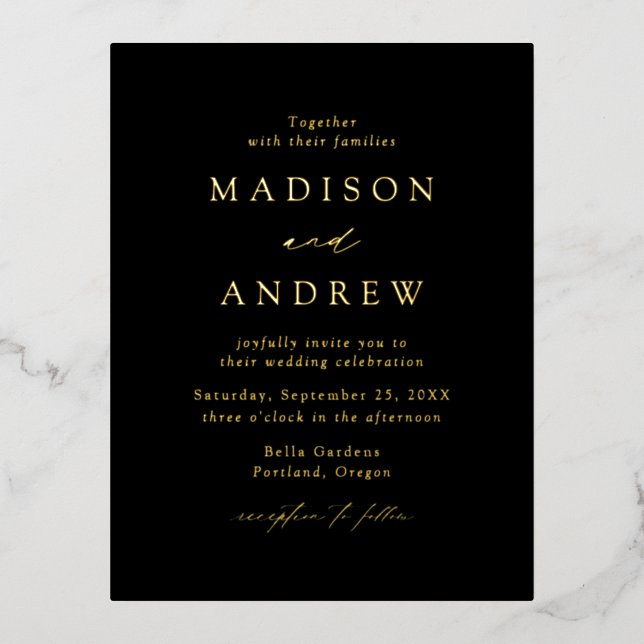 Modern Elegance Black and Gold Wedding Foil Invitation Postcard (Front)