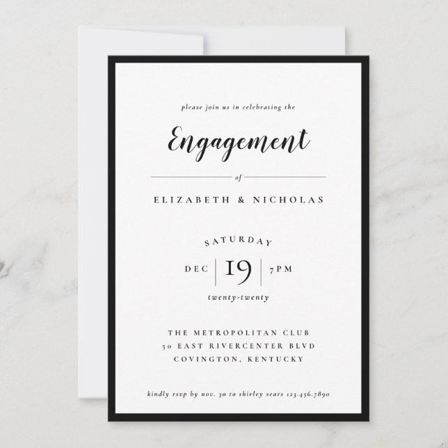 Modern Elegance Black and White Engagement Invite (Front)