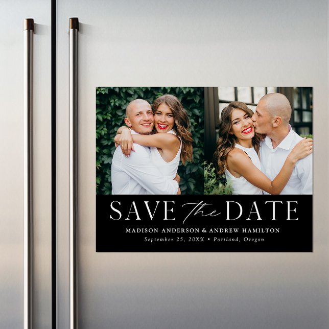 Modern Elegance Black Two Photo Save the Date Magnetic Invitation (Creator Uploaded)